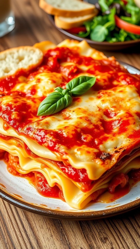 Baked lasagna with egg noodles, marinara sauce, and melted cheese, garnished with basil on a wooden table.